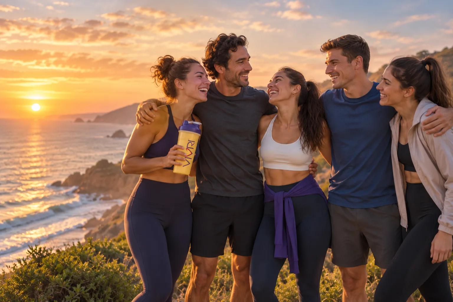 Un grupo de amigos ríe frente al mar al amanecer, después de entrenar